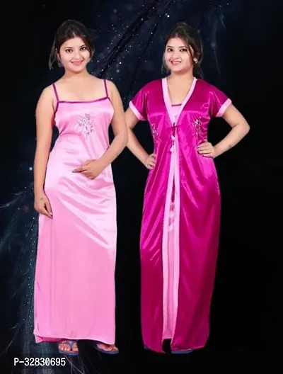 Elegant Satin Solid Nighty Set For Women