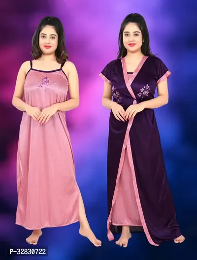 Elegant Satin Solid Nighty Set For Women-thumb0