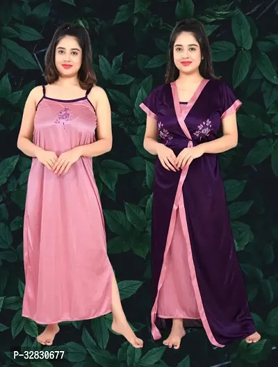 Elegant Satin Solid Nighty Set For Women-thumb0