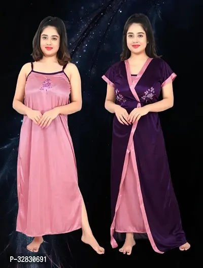 Elegant Satin Solid Nighty Set For Women-thumb0