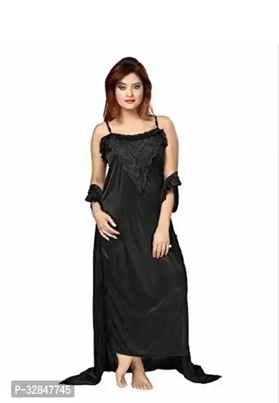 Womens Satin Full Length Lace Nighty with Robe Sleep Wear Night Gown-thumb2