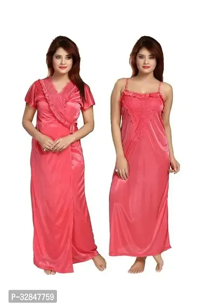 Womens Satin Full Length Lace Nighty with Robe Sleep Wear Night Gown