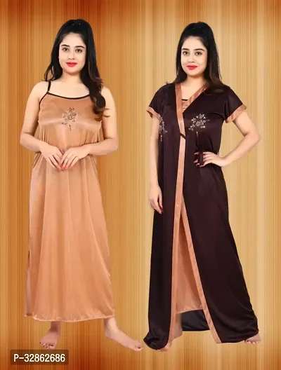 Elegant Satin Embroidered Nighty with Robe for Women-thumb0