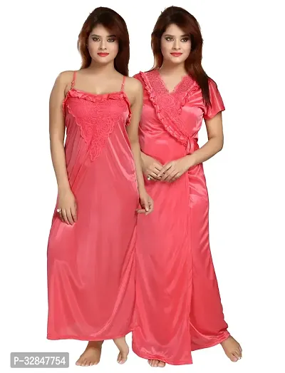 Womens Satin Full Length Lace Nighty with Robe Sleep Wear Night Gown-thumb0