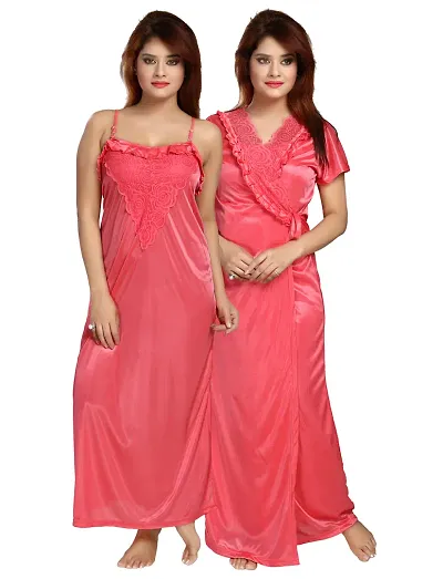 Fancy Satin Solid 2 PC Night Gown With Robe For Women