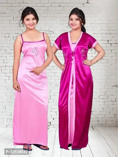 Elegant Satin Solid Nighty Set For Women-thumb0