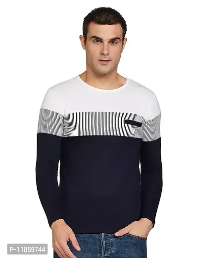 Eyeblink Striped Men Polo Neck Multicolor T-Shirt (Large, Navy Blue)