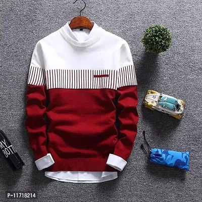 Men Striped Round Neck White, Maroon T-Shirt