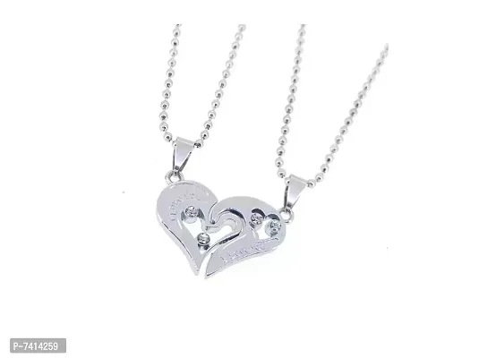 Stylish Fancy Valentine Special Silver Broken Two Half Heart Shape Love Pendant Locket Necklace Chain Jewellery For Lovers-Couples Stainless Steel