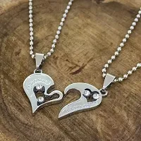 Stylish Fancy Valentine Special Silver Broken Two Half Heart Shape Love Pendant Locket Necklace Chain Jewellery For Lovers-Couples Stainless Steel-thumb1