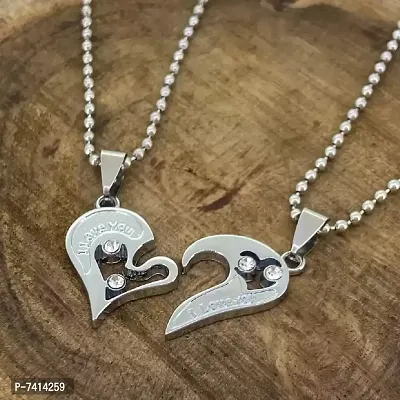 Stylish Fancy Valentine Special Silver Broken Two Half Heart Shape Love Pendant Locket Necklace Chain Jewellery For Lovers-Couples Stainless Steel-thumb2