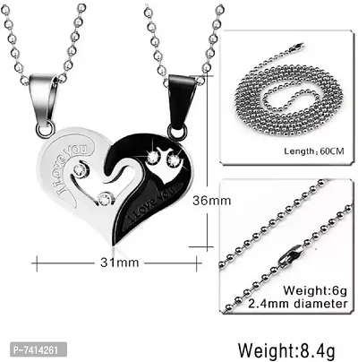 Stylish Fancy Valentine Special Black -Silver Broken Two Half Heart Shape Love Pendant Locket Necklace Chain Jewellery For Lovers-Couples Stainless Steel-thumb4