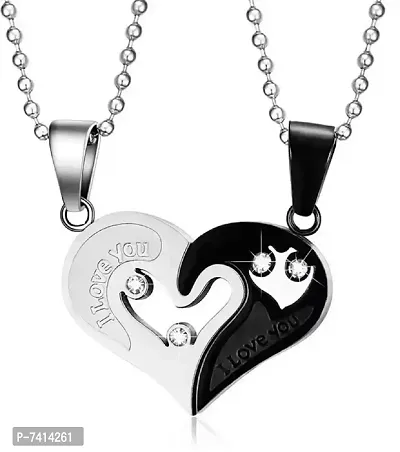 Stylish Fancy Valentine Special Black -Silver Broken Two Half Heart Shape Love Pendant Locket Necklace Chain Jewellery For Lovers-Couples Stainless Steel-thumb0