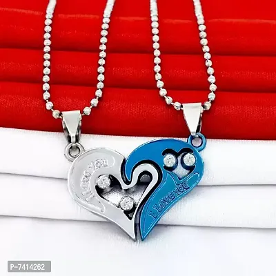 Stylish Fancy His And Hers Lover Couple I Love You Heart Locket With Chain For Valentine Day Gift 2 Pieces - His And Her Rhodium Zinc Metal-thumb0