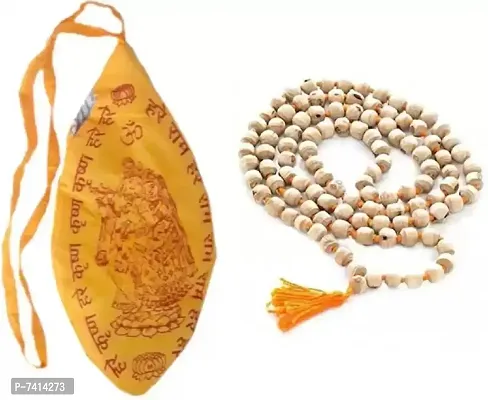 Stylish Fancy Natural Tulsi Japa Mala And Gomukhi Japa Bag Combo 108+1 Beads Wood Necklace-thumb0