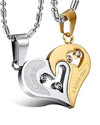 Stylish Fancy Valentine Special Gold And Silver Broken Two Half Heart Shape Love Pendant Locket Necklace Chain Jewellery For Lovers-Couples Stainless Steel-thumb1
