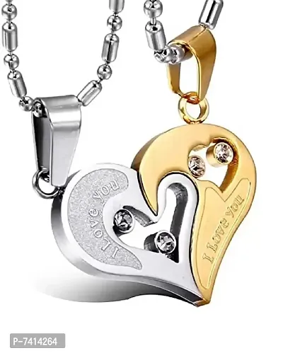 Stylish Fancy Valentine Special Gold And Silver Broken Two Half Heart Shape Love Pendant Locket Necklace Chain Jewellery For Lovers-Couples Stainless Steel-thumb2