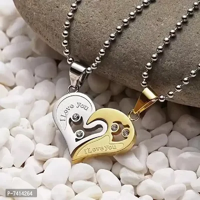 Stylish Fancy Valentine Special Gold And Silver Broken Two Half Heart Shape Love Pendant Locket Necklace Chain Jewellery For Lovers-Couples Stainless Steel-thumb0