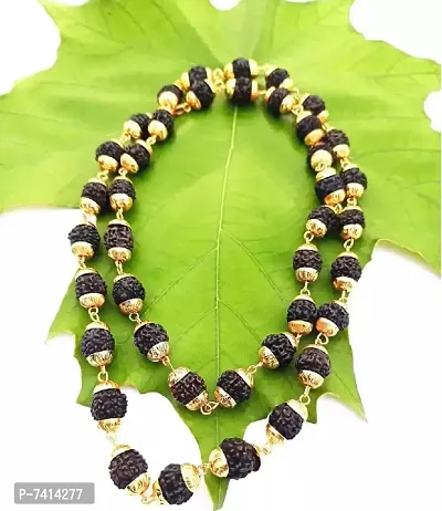 Stylish Fancy Original Natural 5 Mukhi Black Rudraksha Golden Cap Mala For Men And Women-thumb0