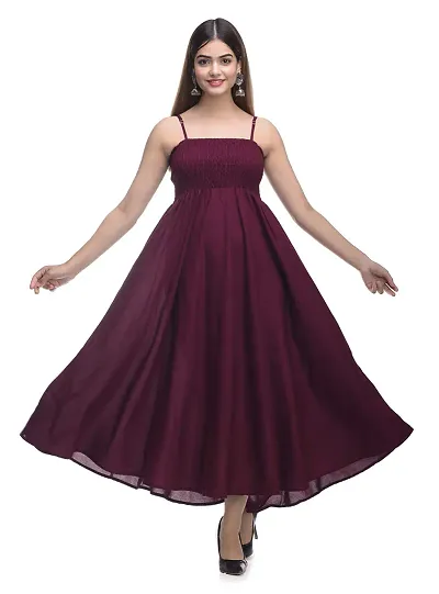 SMART BUTTON Women Casual wear Solid Cotton Blend Gown (Small, Wine)