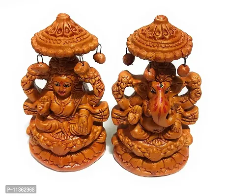 15CM Big Terracotta Eco Friendly Laxmi Ganesh Pair Idol Lakshmi Ganapati Murti for Home Office Diwali, Puja, Religious God, Handmade Terracotta Mitti Clay Sculpture Statue with Beautiful Pearl Garland-thumb2