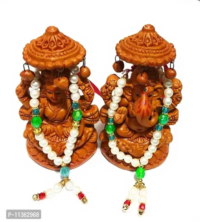 15CM Big Terracotta Eco Friendly Laxmi Ganesh Pair Idol Lakshmi Ganapati Murti for Home Office Diwali, Puja, Religious God, Handmade Terracotta Mitti Clay Sculpture Statue with Beautiful Pearl Garland