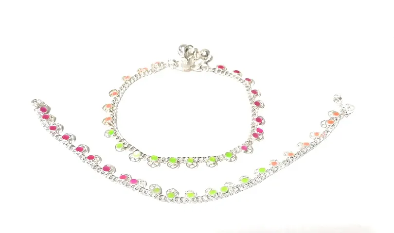Silver Plated Sleek Colourful Crystal payal Pajeb Fashion Anklet for Women & Girls (Pair of 2)