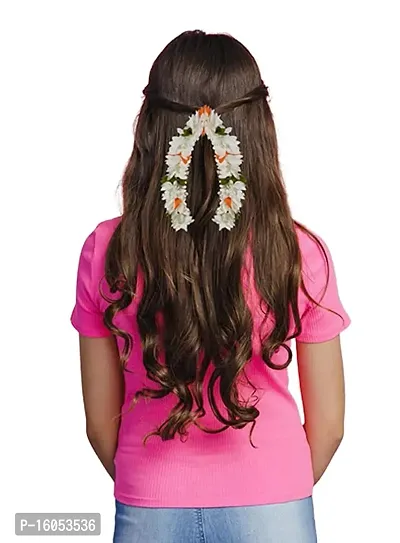 2 Pcs Artificial Jasmine Mogra Flower Hair Gajra, Garland Juda Decoration Phool Mogra band Gajra Realistic juda bun Hair Accessories for Women  Girls (Pack of 2) (White  Orange)-thumb2