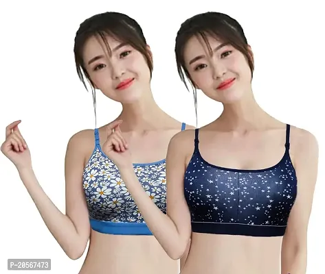 Imszz Trading Everyday T-Shirt Bra Wireless Full Coverage Lightly Padded Cotton Blend Printed Bra Free Size(Bra Combo 01 -Bl/D.Bl(Pk2) - 30) Blue/Dark Blue-thumb0