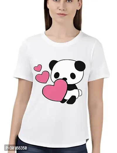 Stylish Polycotton Teddy Printed Fancy Round Neck White T-Shirt for Women