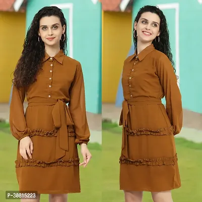 Stylish Brown Georgette Solid Fit And Flare Dress For Women