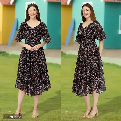 Stylish Black Georgette Printed Fit And Flare Dress For Women