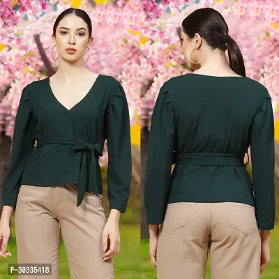 Elegant Green Cotton Blend Solid Top For Women