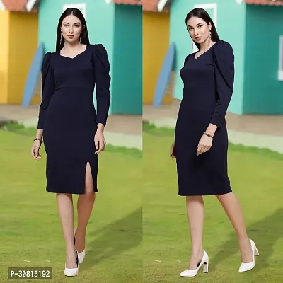 Stylish Navy Blue Cotton Blend Solid Bodycon Dress For Women-thumb0