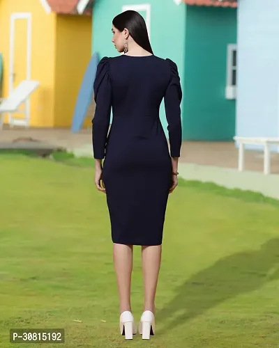 Stylish Navy Blue Cotton Blend Solid Bodycon Dress For Women-thumb2