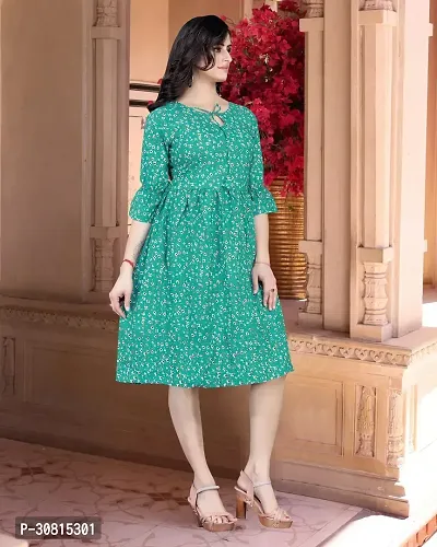 Stylish Green Cotton Blend Printed A-Line Dress For Women-thumb3