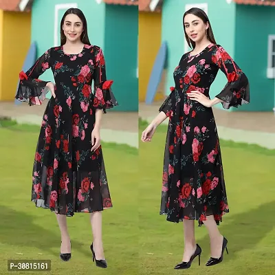 Stylish Black Georgette Printed Fit And Flare Dress For Women-thumb0