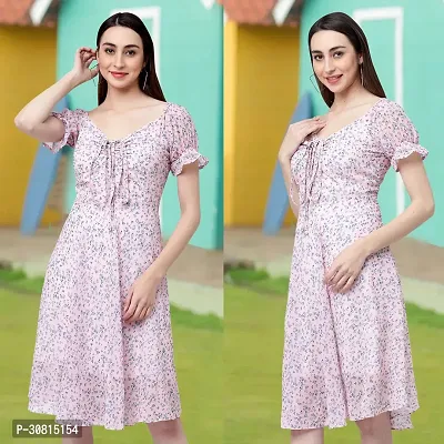 Stylish Pink Georgette Printed A-Line Dress For Women