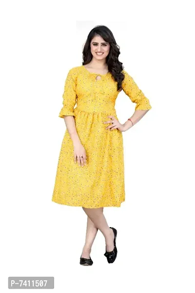 Womens Floral Printed Tie Up Neck A-Line Short Yellow Dresses-thumb0