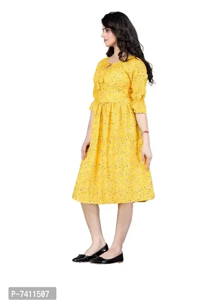 Womens Floral Printed Tie Up Neck A-Line Short Yellow Dresses-thumb3