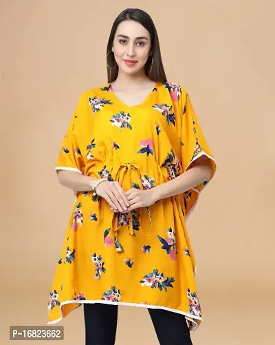 Womens Crepe Yellow Floral Regular Kaftaan