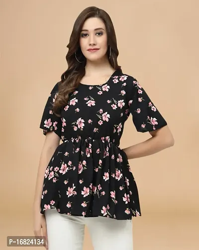 Womens Crepe Black Floral Hip Length Regular Top