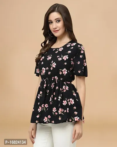 Womens Crepe Black Floral Hip Length Regular Top-thumb4