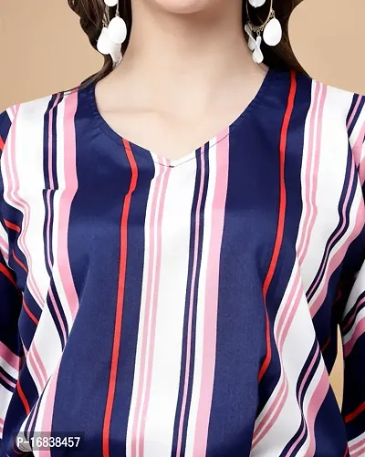 Womens Crepe Blue Striped Hip Length Regular Top-thumb2