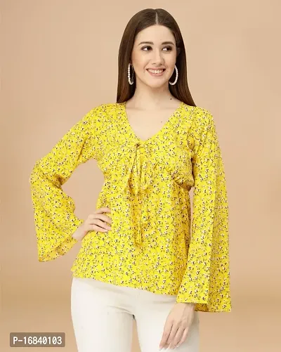 Womens Crepe Yellow Floral Hip Length Regular Top