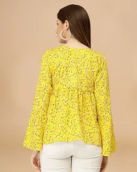 Womens Crepe Yellow Floral Hip Length Regular Top-thumb2