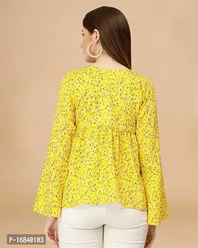 Womens Crepe Yellow Floral Hip Length Regular Top-thumb3