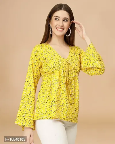 Womens Crepe Yellow Floral Hip Length Regular Top-thumb4