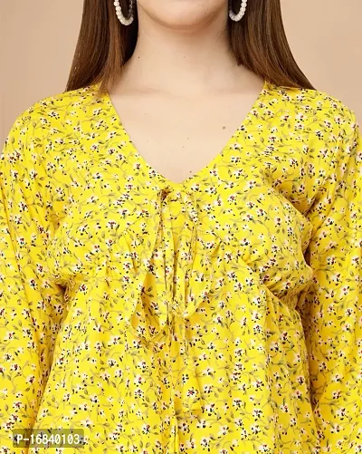 Womens Crepe Yellow Floral Hip Length Regular Top-thumb2