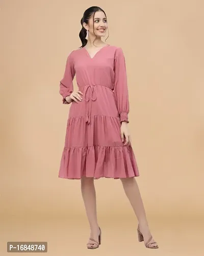 Womens Pink Georgette Solid Knee Length A-line Dress